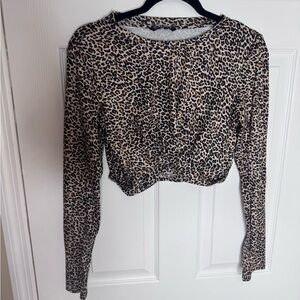 Leopard Print Long Sleeve Crop Top - Beige/Black